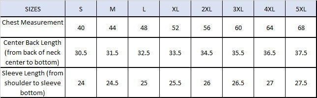 FR Treated Henley Shirt Sizing Chart